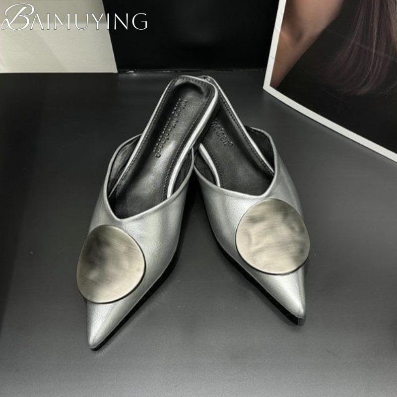 Fashion Pointed Toe Slippers Women Sandals Mules Shoes Low Heels Sexy Luxury 2025 Trend Flip Flops Summer Slides Metal Dress Casual Shoe