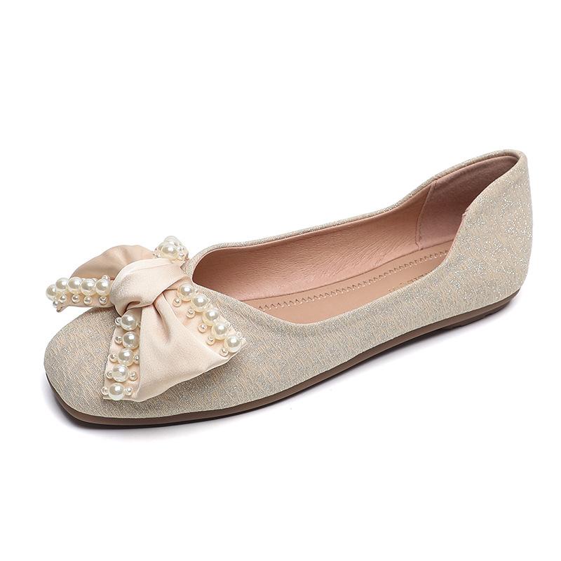 

Модные Элегантные Балетки с Жемчужной Отделкой и Бантом Женские Туфли-Лоферы из Ткани с Квадратным Носком Весенние Дамские Офисные Слипоны Мокасины для Вождения 33 абрикосовый