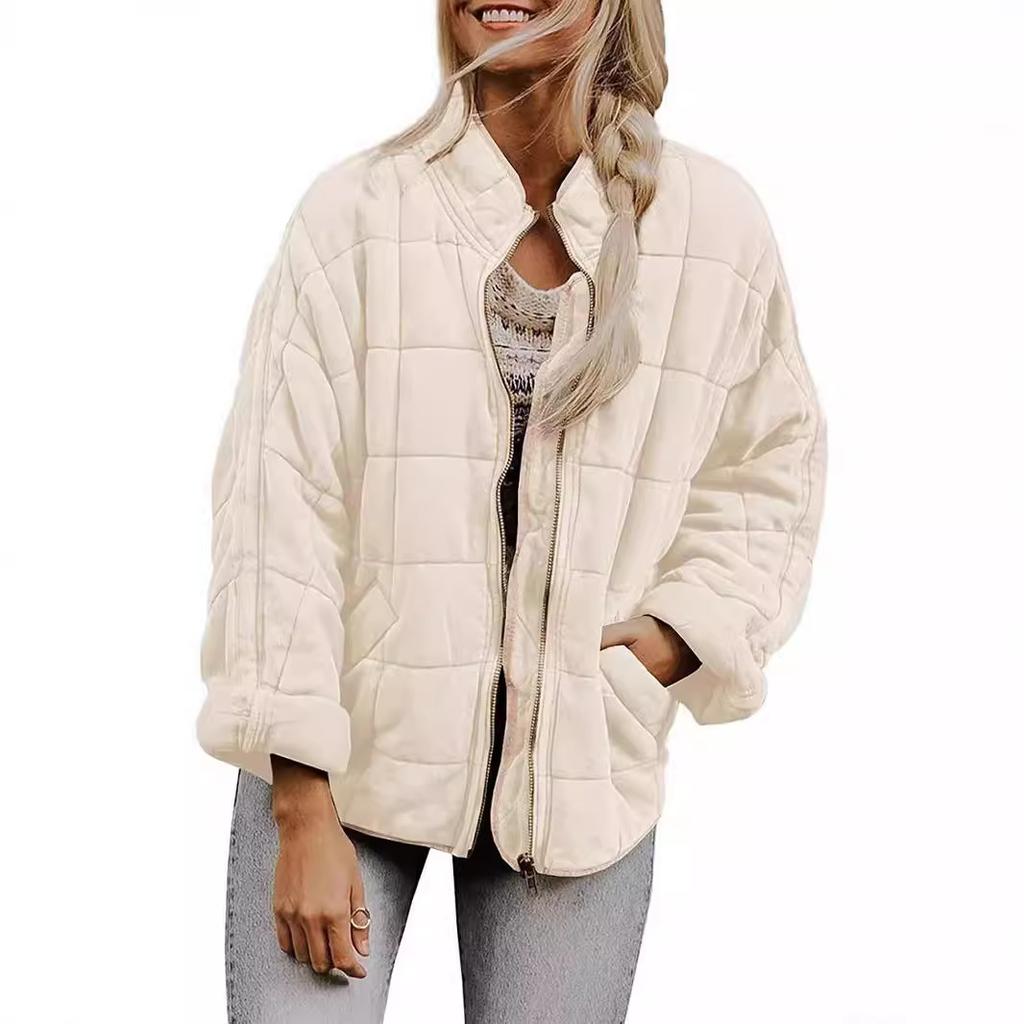 Women's Quilted Zip-Up Jacket with Square Stitch Design, Loose Fit, Multiple Color Options