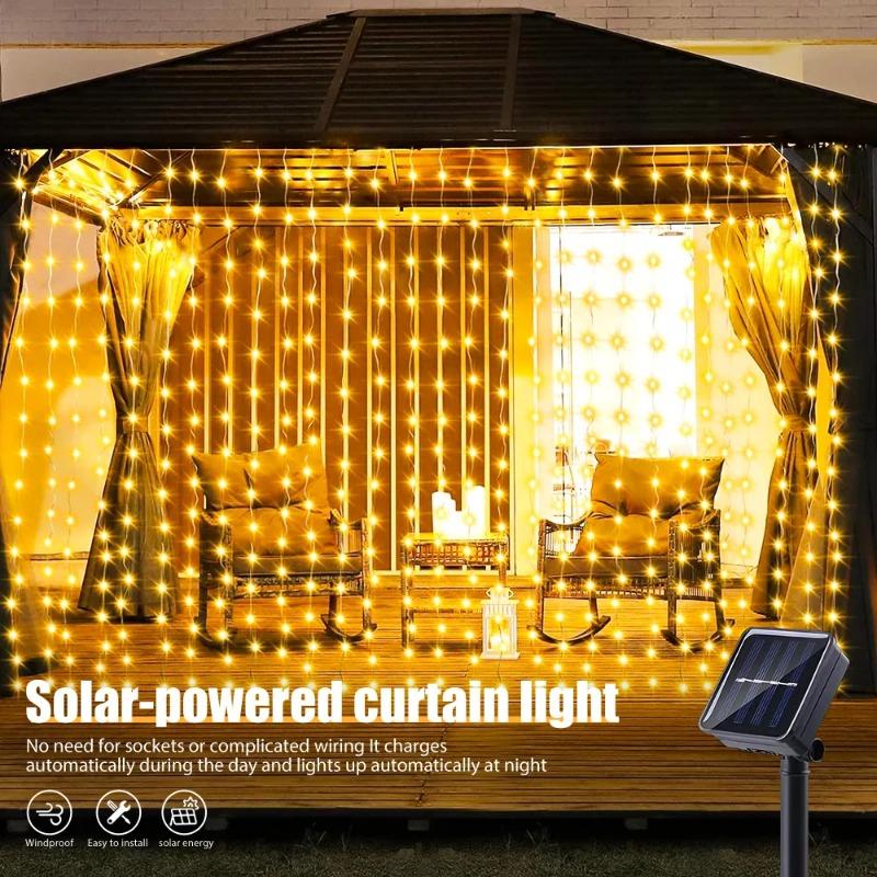 Outdoor Solar Curtain Light 8 Lighting Modes Fairy String Lights Waterproof Garden Party Wedding Christmas Decorative Lamps