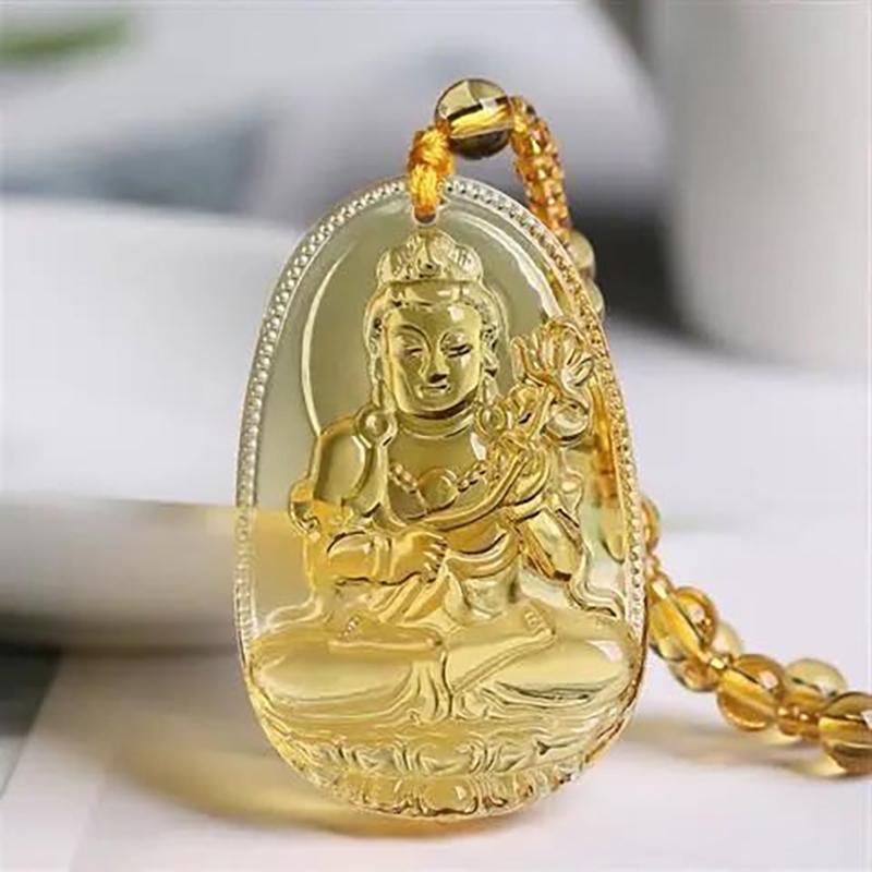 Yellow Crystal Necklace Long Sweater Chain Manjushri Pendant Amitabha Pendant Unisex Gift