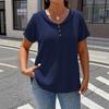 Camiseta Elegante Gola Boneca Tamanho Grande para Mulheres Cor Sólida Manga Curta Botões Plissados Tops Verão Solta Casual Simples Doce Camisa Roupa Feminina