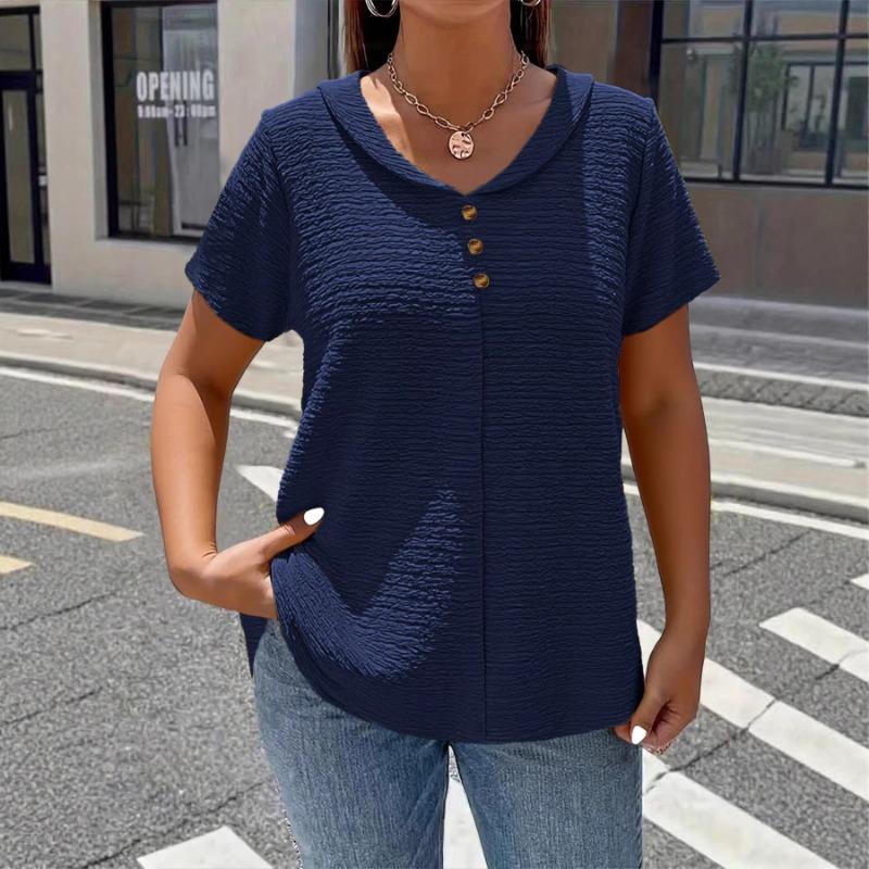 Camiseta Elegante Gola Boneca Tamanho Grande para Mulheres Cor Sólida Manga Curta Botões Plissados Tops Verão Solta Casual Simples Doce Camisa Roupa Feminina