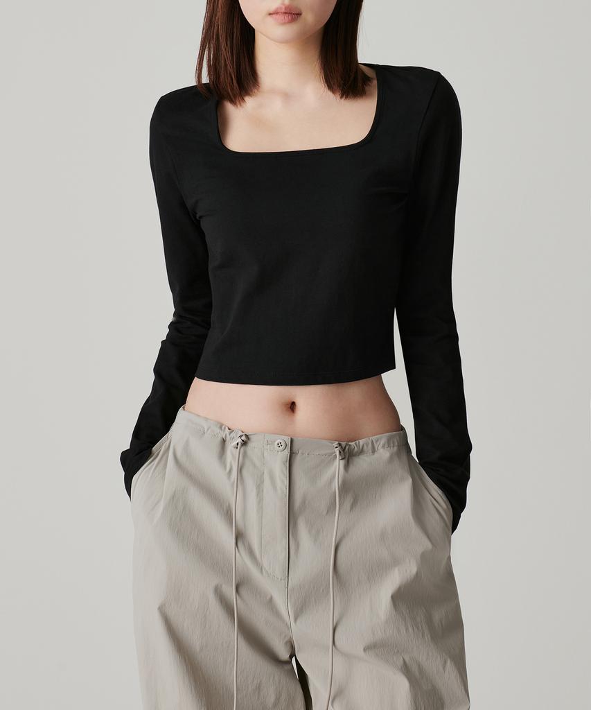 MUSINSA STANDARD WOMAN Women'S Slim Crop Square Neck Long Sleeve T-Shirt [Black]