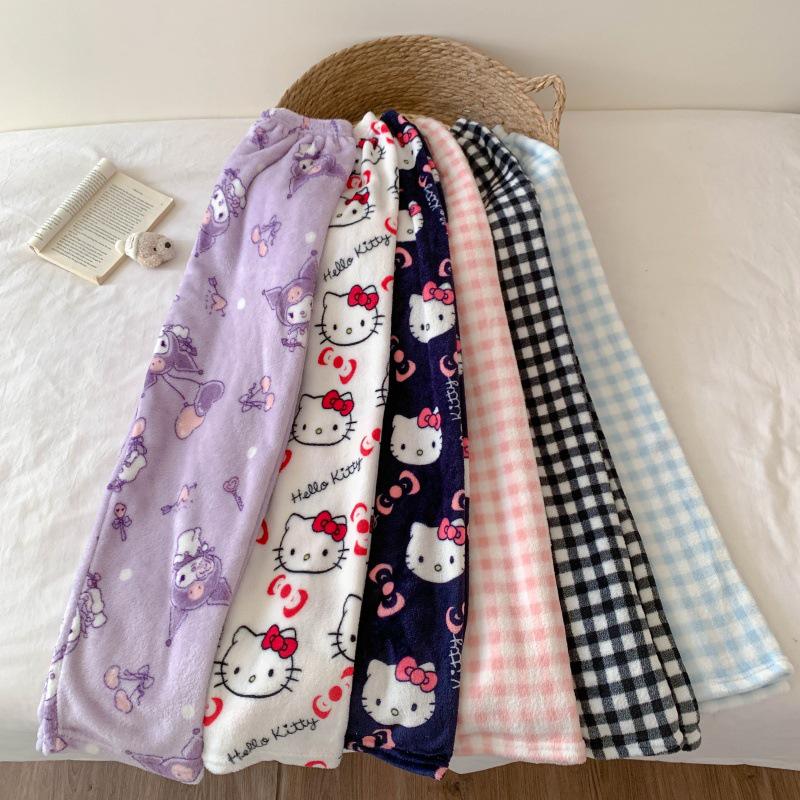 Women's Flannel Plaid Sleep Pants - Autumn/Winter Velvet Warm Coral Fleece Pajama Bottoms