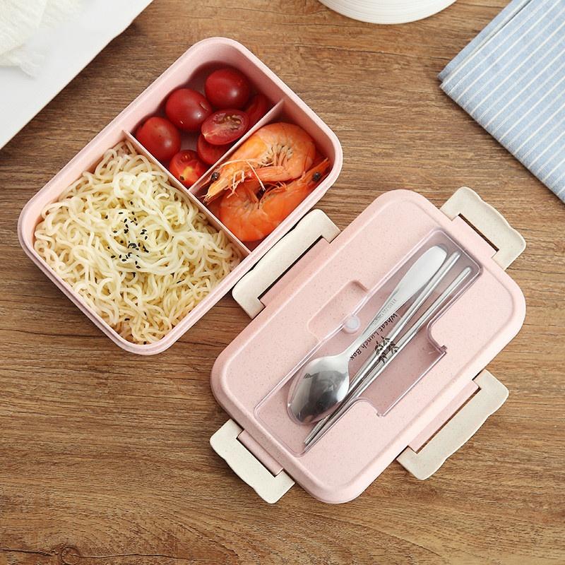 Hot Lunch Box with Spoon Chopsticks Wheat Straw Dinnerware Food Storage Container Children Kid School Office Microwave Bento Box