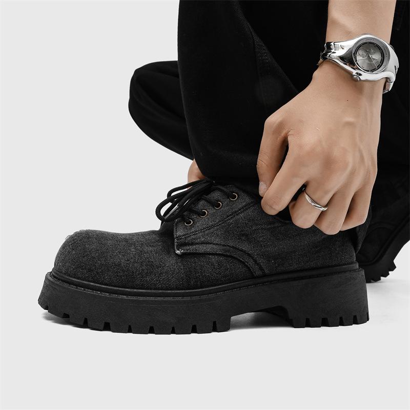 

Z31 новая мужская 2025 выстиранный деним студенческие мужские повседневные кожаные туфли с большой головой нишевые низкие с увеличивающей рост подошвой мужские туфли 39 чёрный