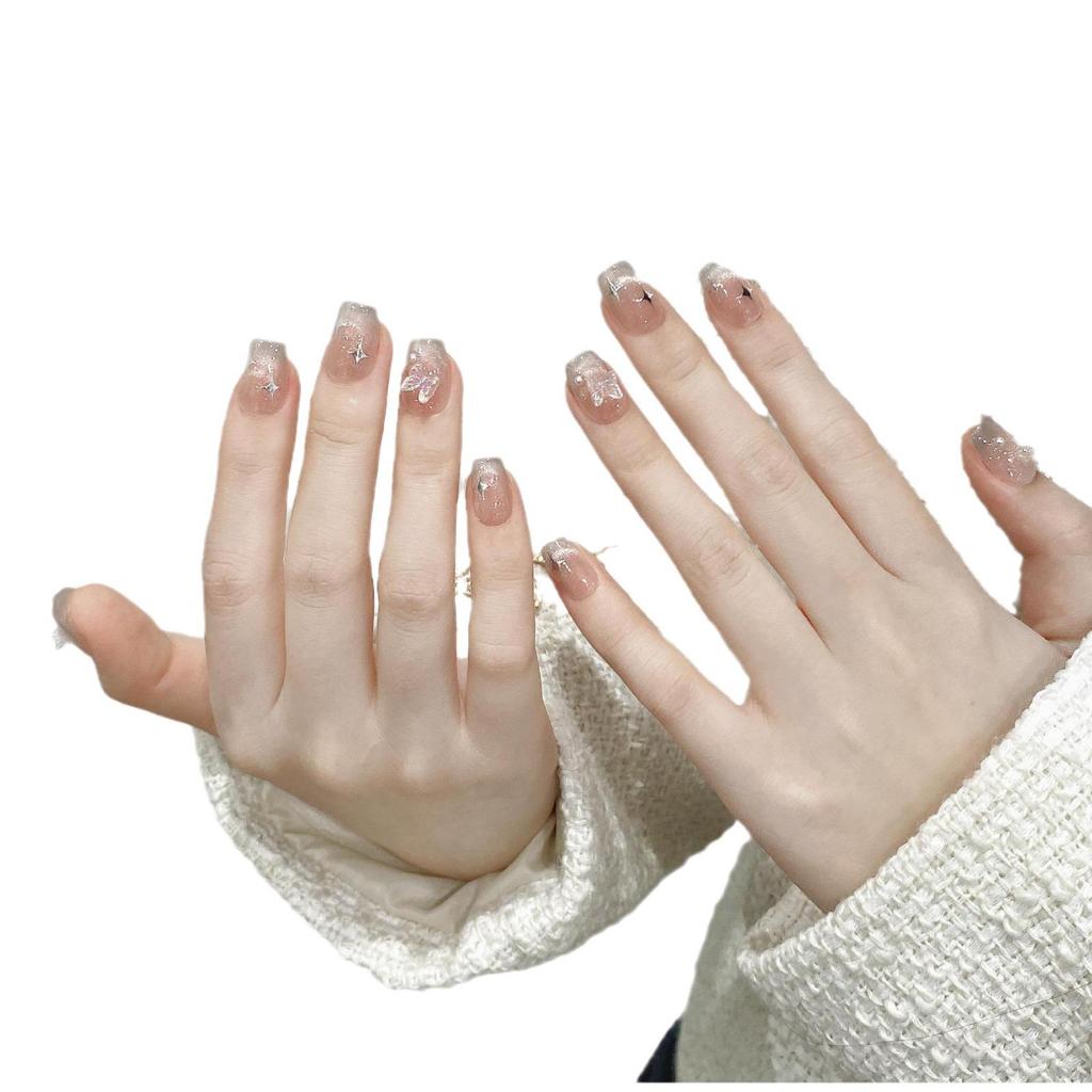 Dreamy French Blush Cat-Eye Diamond Press-On Nails - Handmade, Light-Cured, Hot-Selling False Nail Patches