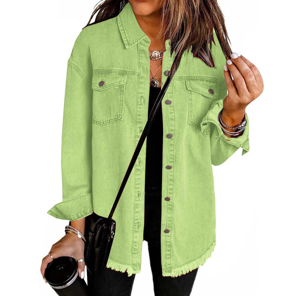 Women's Fashion Washed Denim Shirt Jacket With Frayed Hem Solid Color Outerwear