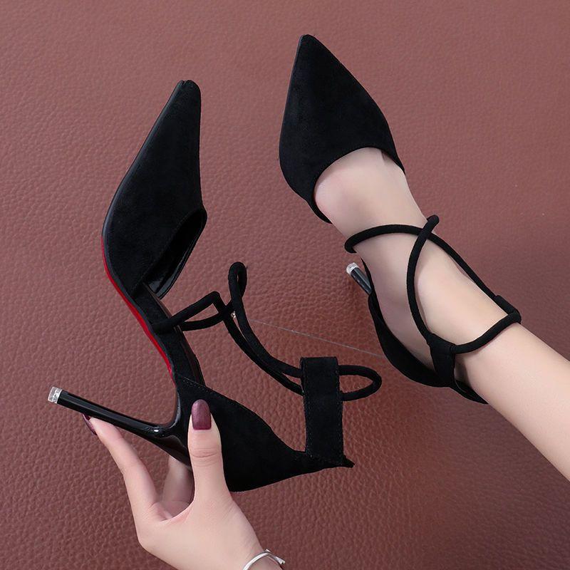 Spring and Autumn women's shoes new 2025 suede cross-strap Korean version high heels stiletto cat heel pointed women's shoes summer single shoes
