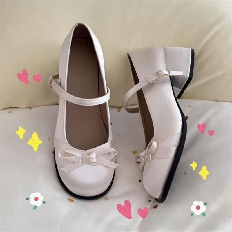 White Thick Heel Mary Jane Shoes Women's New Autumn Versatile Bow Light Mouth Single Shoes