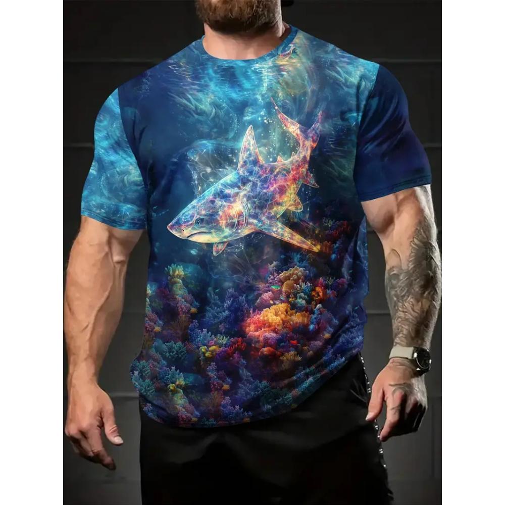 Underwater World Men's T-Shirt Realistic Sea Creatures 3D Print Short Sleeve Fashion Casual Travel Men's Loose O-Neck Breathable T-Shirts