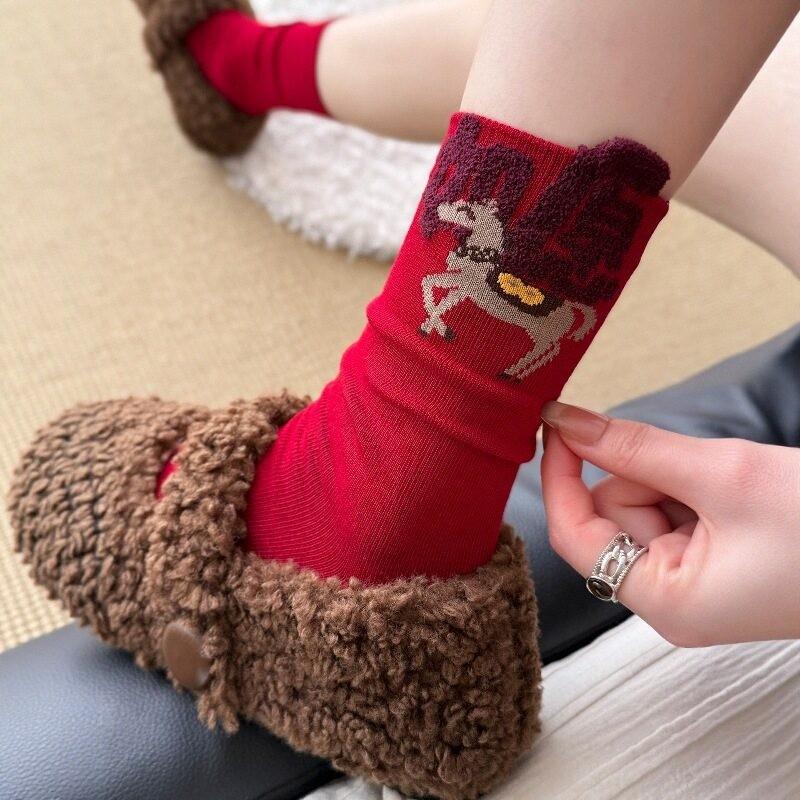 Women Horse‑Year Red Socks,Autumn Winter Thick Warm Stackable Socks,Embroidered Boneless Medium‑Tube Calf Cotton Socks
