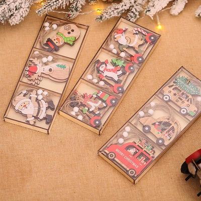 Wooden Christmas Tree Ornament Set: Cartoon Santa & Car