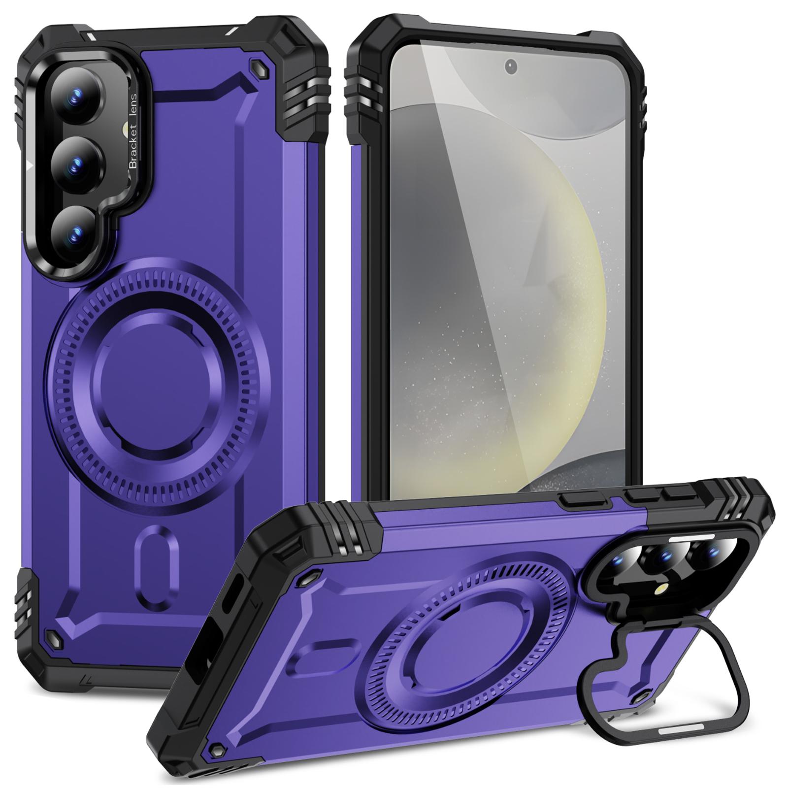 

For Samsung Galaxy S25+ Magnetic Case Lens Kickstand PC+TPU Shockproof Phone Cover Purple