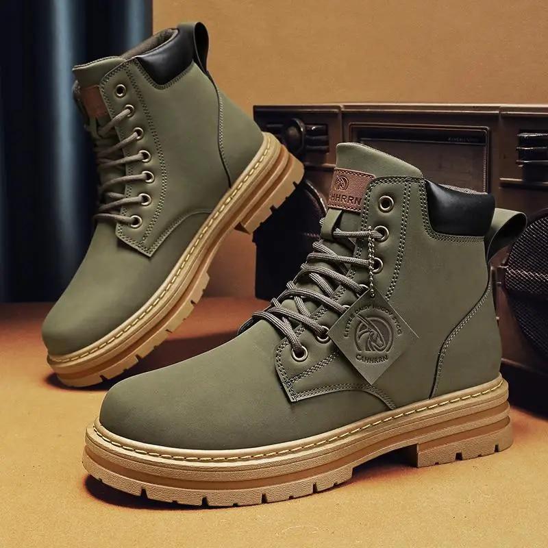 New Men's High Top Work Boots Fashion Motorcycle Boots Men Ankle Boots Tooling Hiking Shoes Winter Military Lace-Up Boots