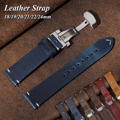 Genähtes Rindsleder Uhrenarmband für Seiko 18mm 19mm 20mm 21mm 22mm 24mm Vintage Leder Armband Schmetterlingsverschluss Armband