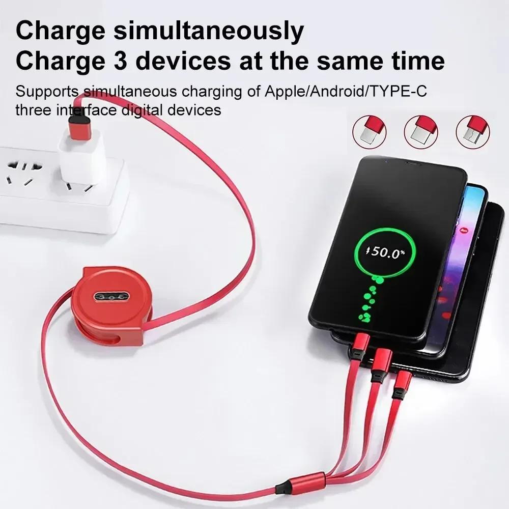 1 Pcs Retractable 3in1 USB Type C Micro USB 8 Pin Cable for Phone Charger Cable 110cm 3A Fast Charging USB C Cable Amagi