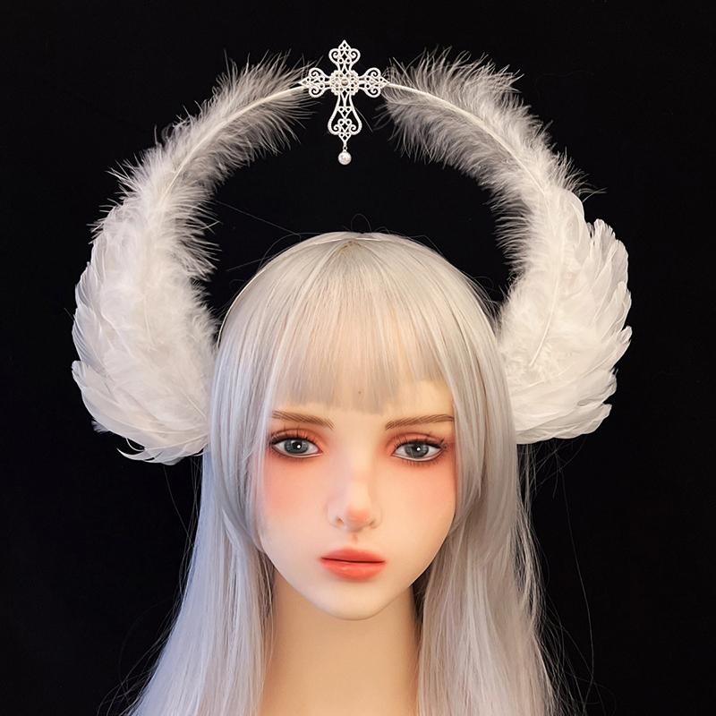 1 Set White Wings Feather Lolita Goddess Halloween Christmas Costume Accessory For Women And Girls Party Dress Up Angel Headband