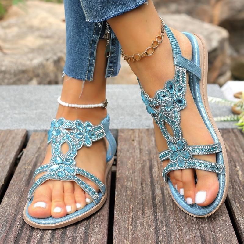 Fashion Summer New Fashion Crystal Sandals Women's Round Toe Open Toe Cutout Breathable Soft Sole Non-slip Flats