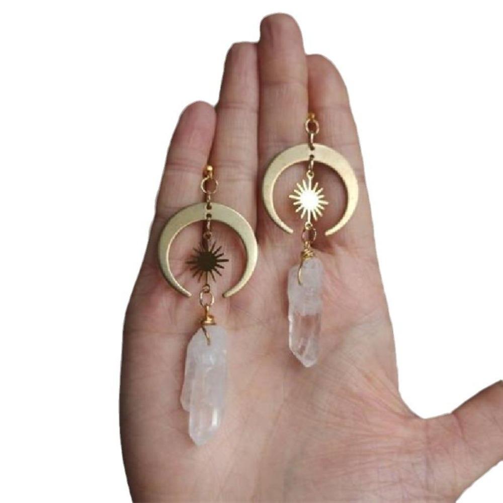 Retro Exquisite Stainless Steel Gold Color Sun Moon Natural White Crystal Stone Dangle Earrings for Women Jewelry Accessory Gift