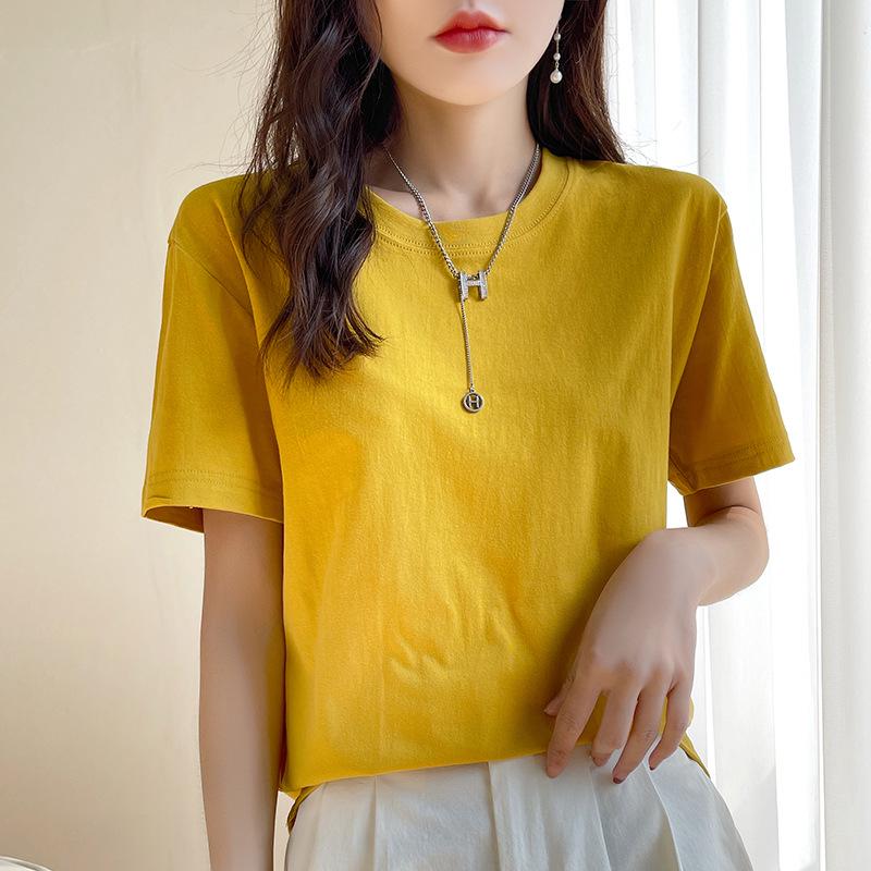 

180 г Чистый хлопок Женская городская повседневная однотонная футболка с круглым вырезом и коротким рукавом на лето L