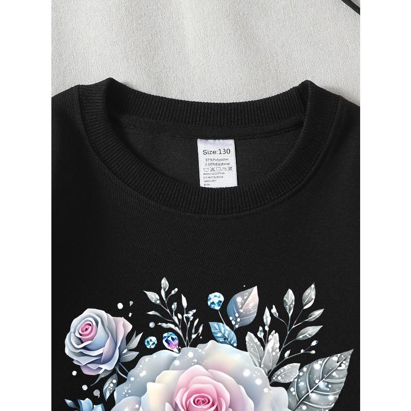 European sizes Girls' Crewneck Sweatshirt Dreamy Rose Floral Pattern Print, Soft Comfy Sportswear for Children & Teens