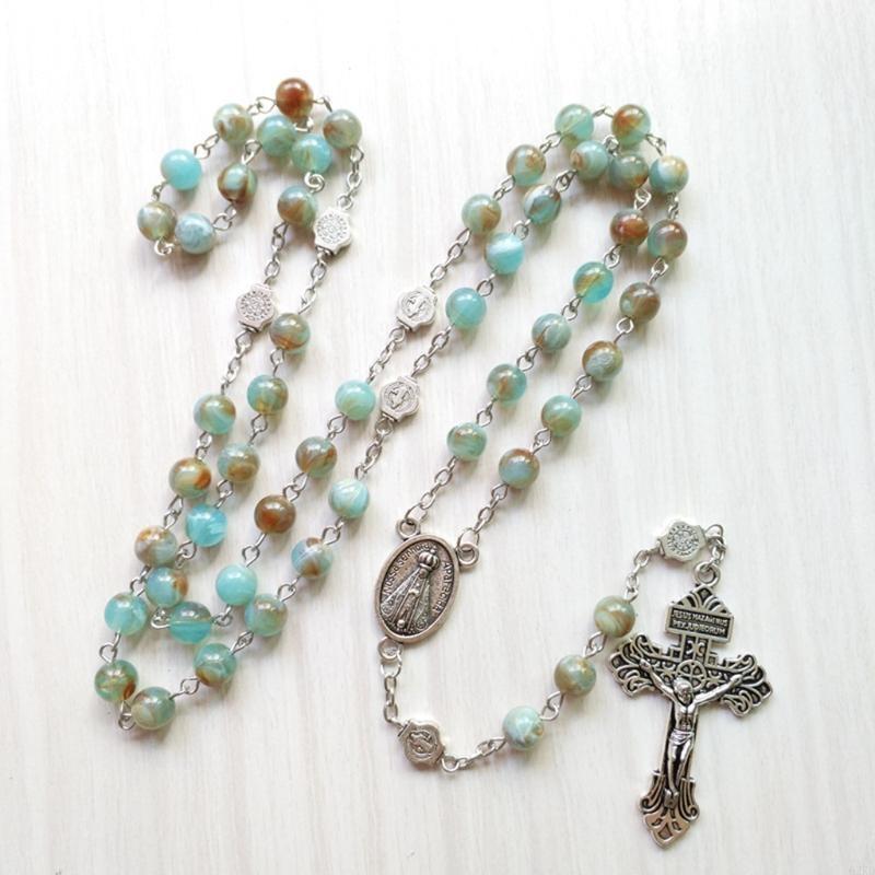 62KD Rosary Beads Necklace 6mm with Jesus Christ Crucifix for Cross Catholic Pendant Party Gift