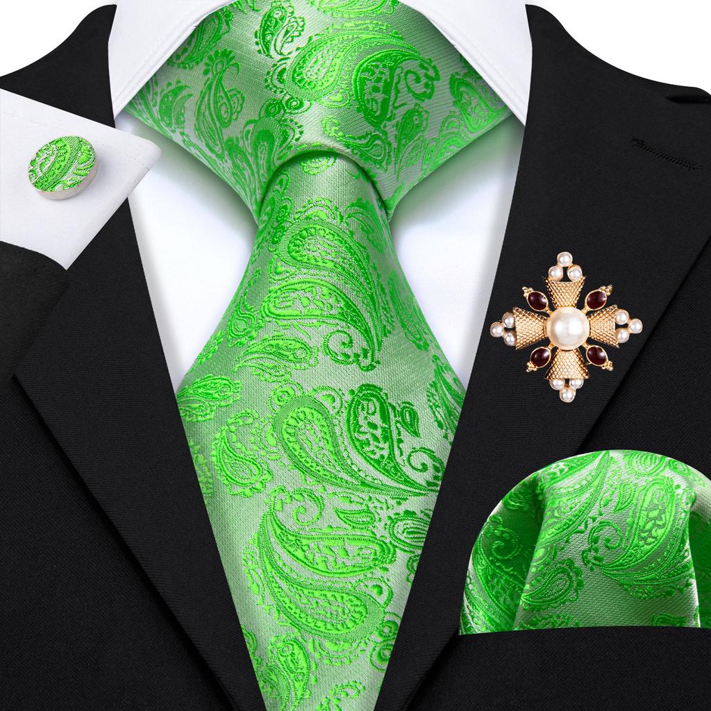 Pearl Brooch with Silk Tie for Men Vintage Floral Teal Necktie Hanky Cufflinks Gift Formal Set