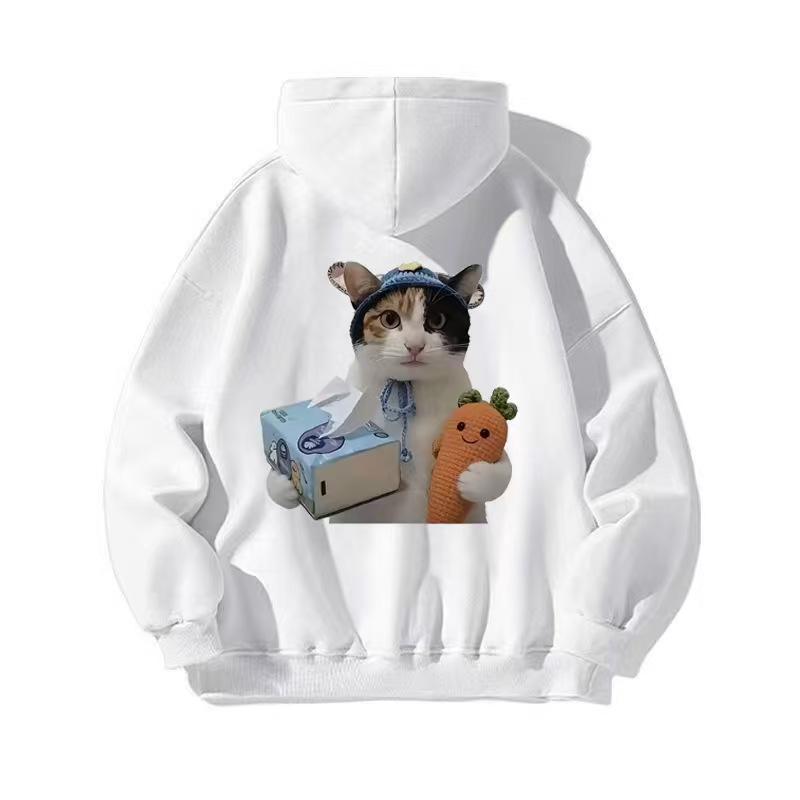 Trendy Autumn/Winter Cat Print Plush Lined Hooded Sweatshirt - Loose, Casual, Versatile Jacket