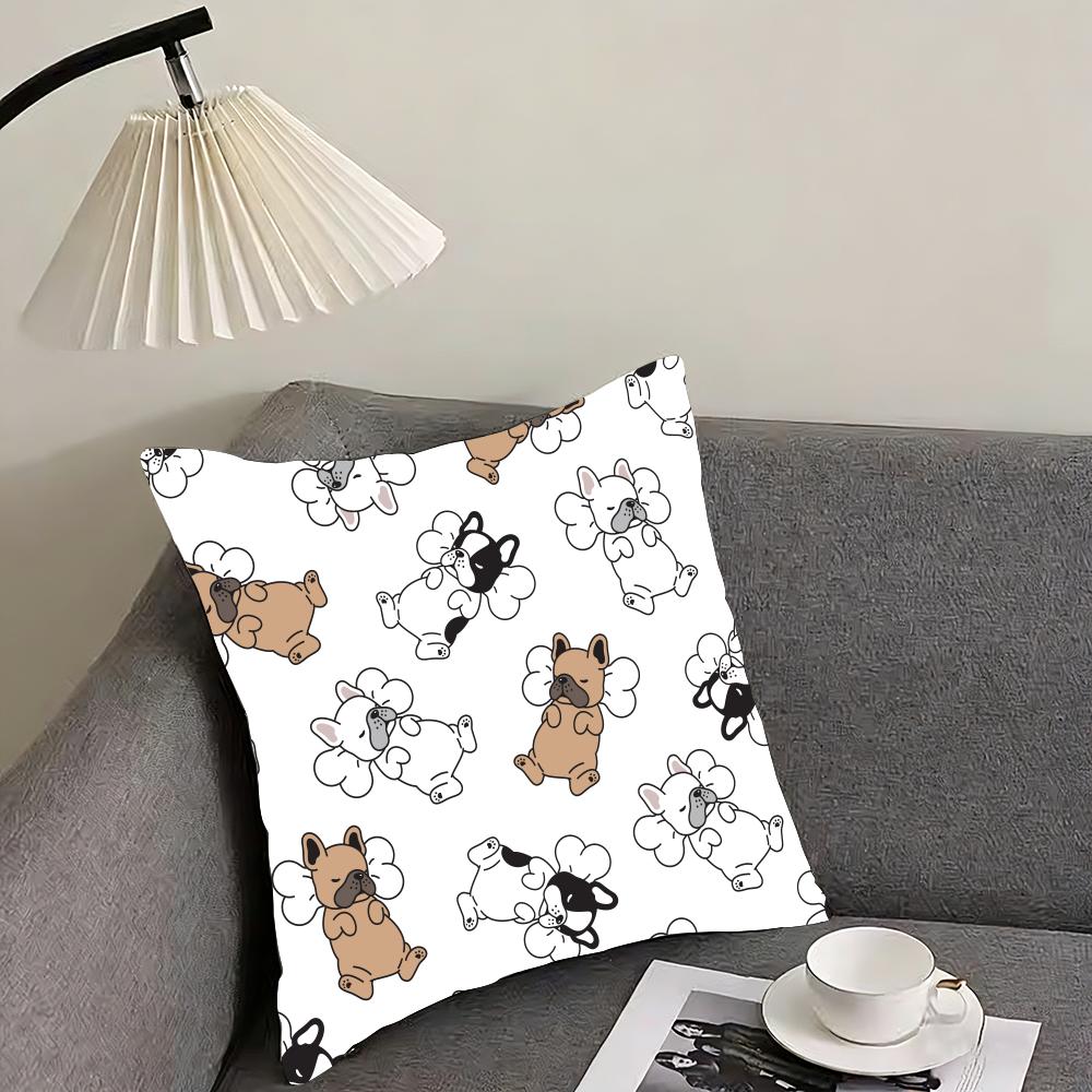 Cartoon French Bulldog Pattern Cushion Cover Reversible Plush Pillow Cover – For car, sofa, bedroom, perfect as a gift.