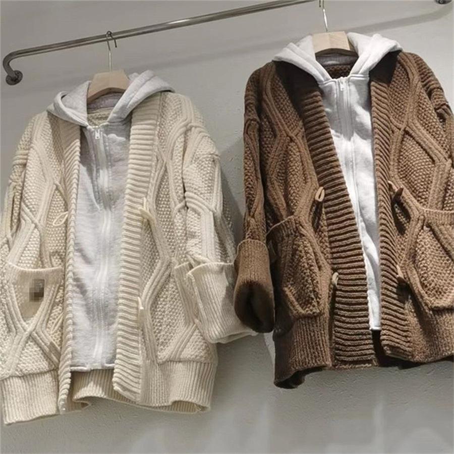 Women's Two-Piece Hooded Knit Cardigan Sweater Coat Autumn Fall Loose Lazy Style Long Sleeve