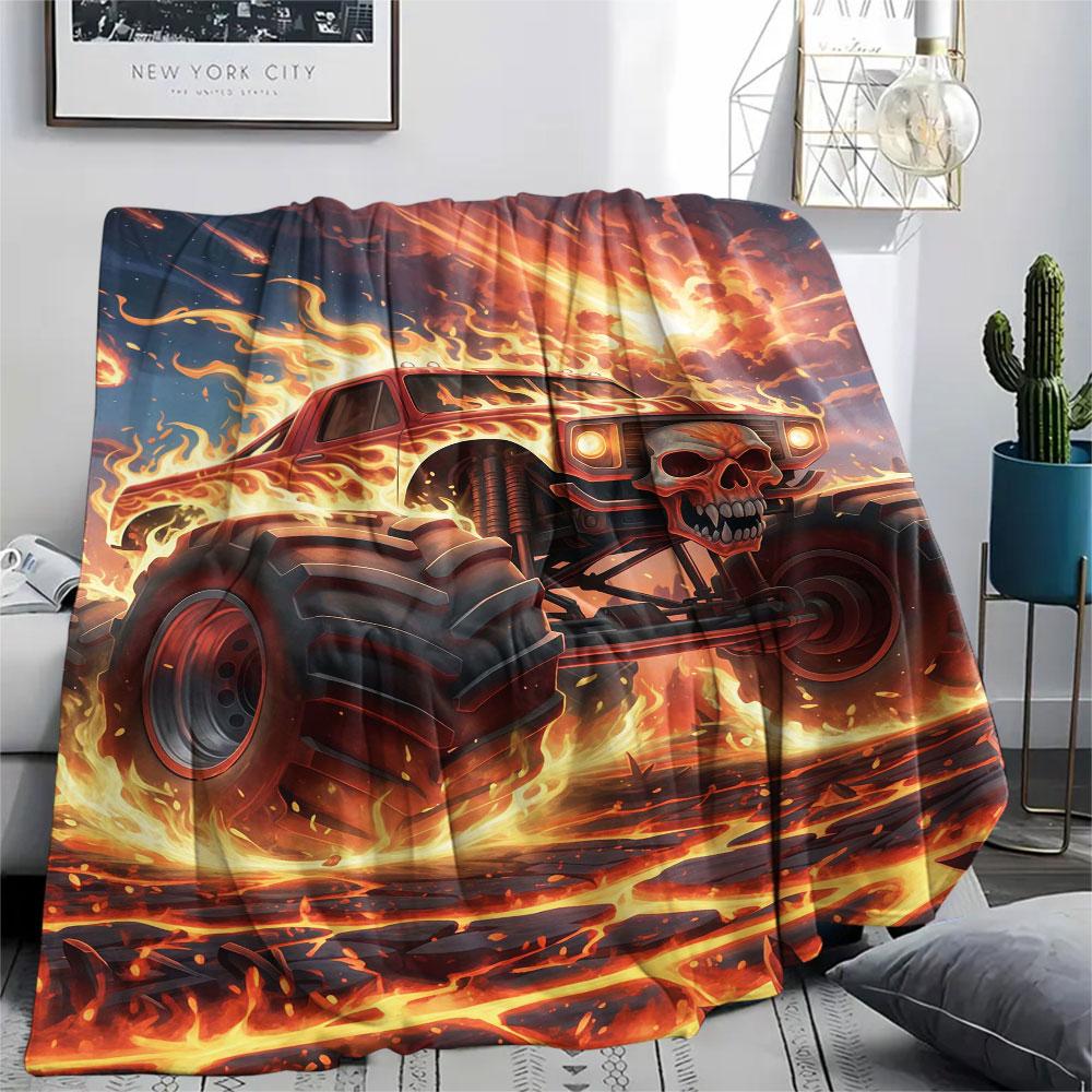 1Pc BadBeastTruck Print Flannel Blanket, High Quality Comfortable for All Seasons, Home Decor, Warmth and Comfort, Perfect for Christmas Gifts