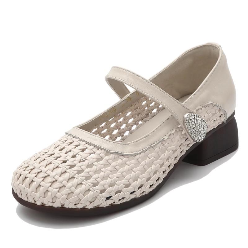 Fashion GKTINOO Genuine Leather Woven Thick Heels Women's Shoes 2025 Summer New Lace-up Soft Sole Casual Hollow Breathable Sandals