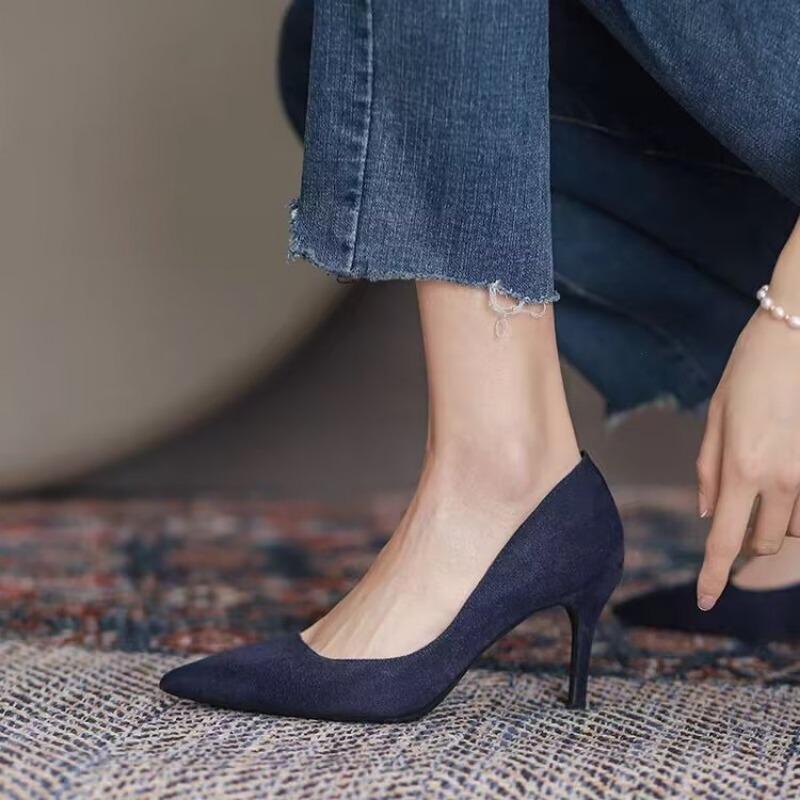 Women High Heel Shoes Sharp Thin Heel High-heeled Pumps Shoes Big Size 42 New Pointed Suede Red Blue Women's Single Shoes