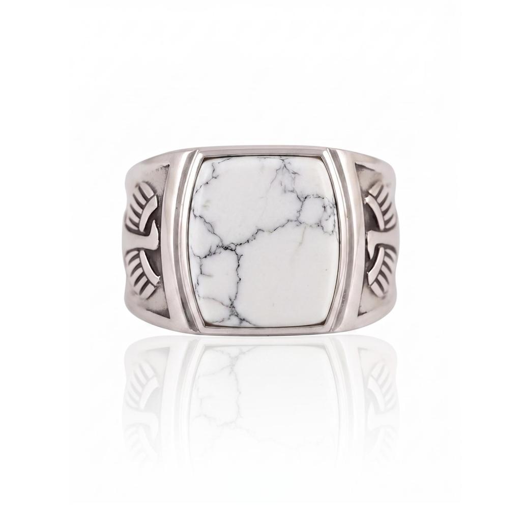 White Howlite Ring, 925 Sterling Silver Ring, Natural Howlite Men's Ring, Vintage Look Signet Ring, Mens Ring, Gift For Him