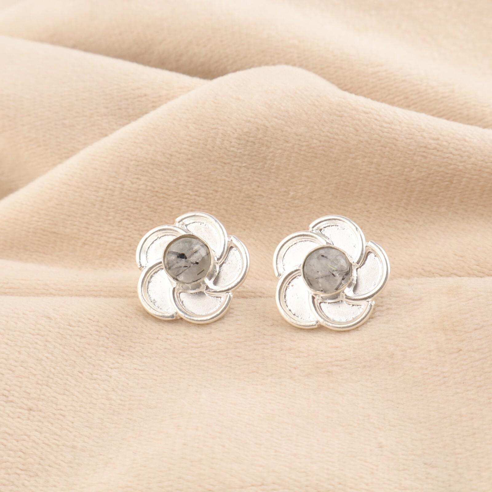 

Round Black Rutile Stone Sterling Silver Butterfly Wedding Stud Earrings Jewelry EE-157-32