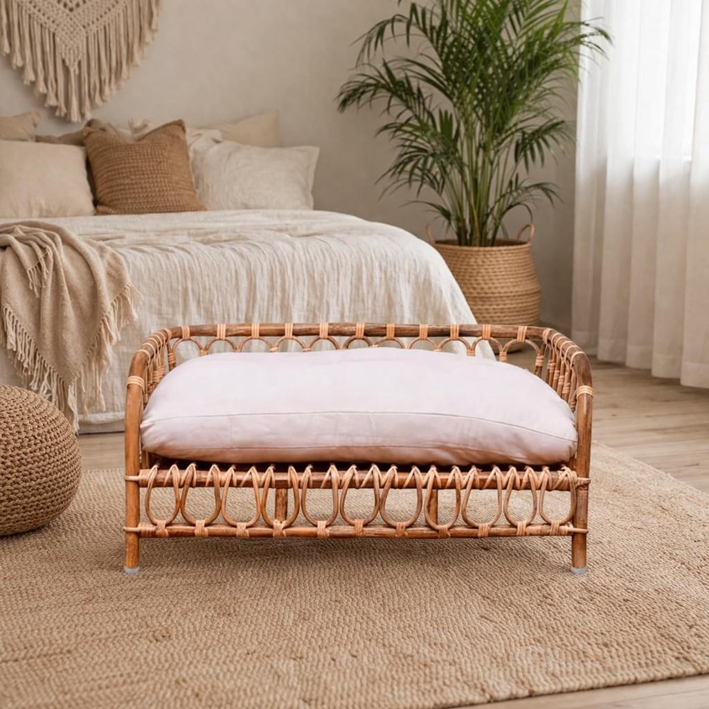Eco Decx Rattan Pet Bed Without Cushion | Natural Woven Cane Dog & Cat Bed | Handcrafted Indoor Pet Furniture | 80 x 57 x 41 cm