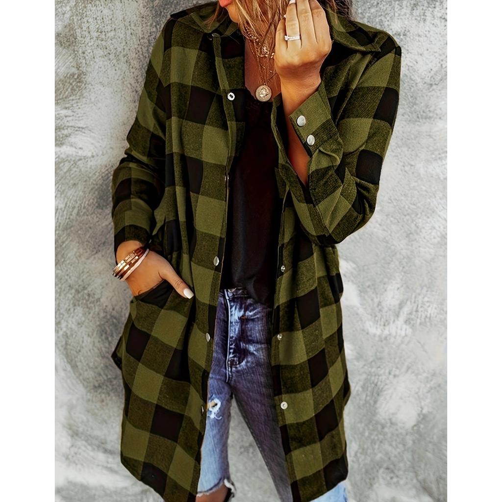 Fall Winter Vintage Plaid Long Sleeve Lapel Women's Loose Casual Shirt Jacket, Leisure Outerwear