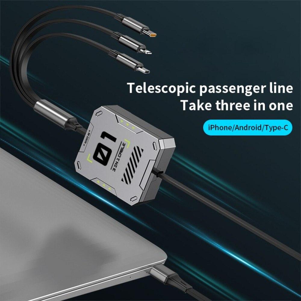 3 In 1 Multi Retractable USB Phone 60w Fast Charging and Data Cable for Lightning/Android/Type-C Devices