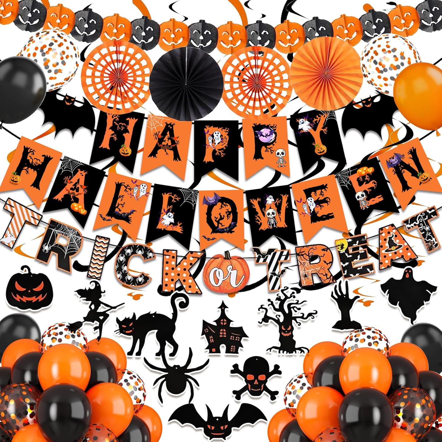 Happy Halloween Trick or Treat Banner Paper Fan Balloons & Swirl Streamers Goul Bat Cat Bird Ghost Pumpkin Lantern for Party Decorations Happy Halloween
