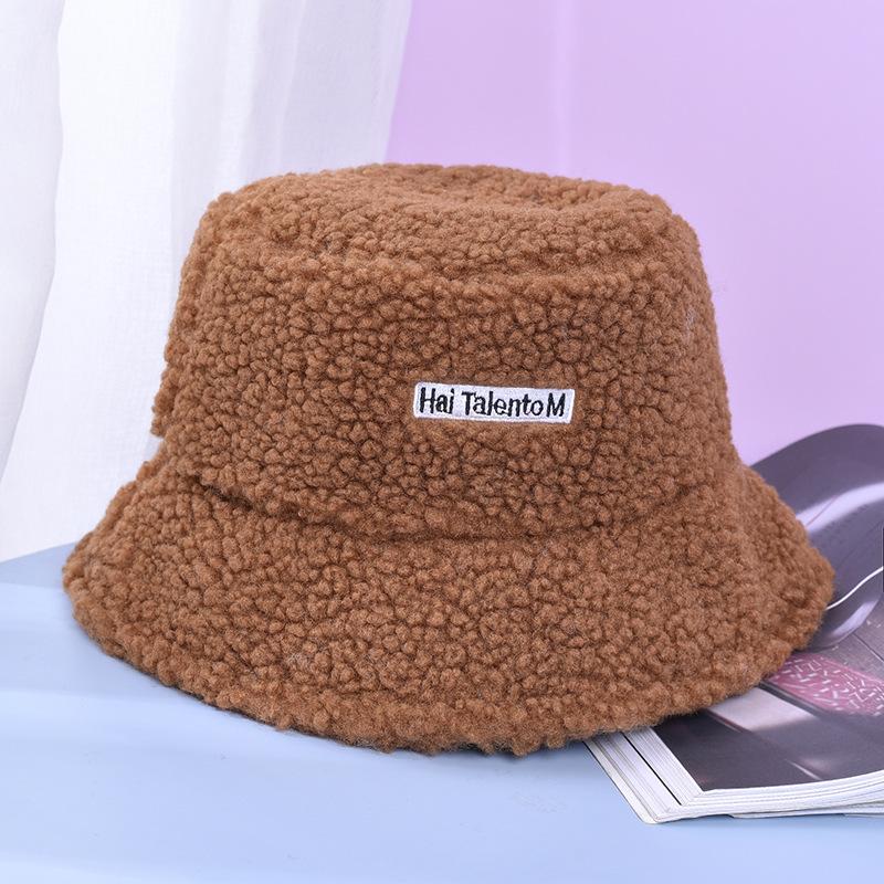 Autumn Winter Fisherman's Hat Embroidered Letter Small Label Pot Hat Fashionable Warm Flat Top Plush Bucket Hat