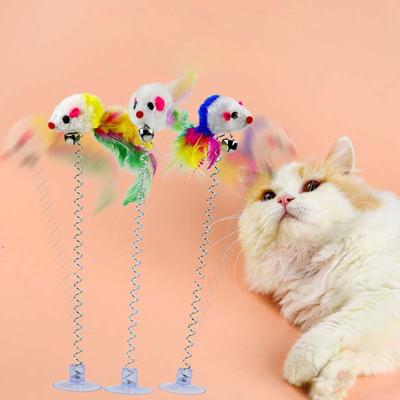 Spring Cat Toy Cat Feather Wand Cat Interactive Toy Cat Teaser Wand Mouse Cat Scratcher Toy SuctionCup Feather Toy
