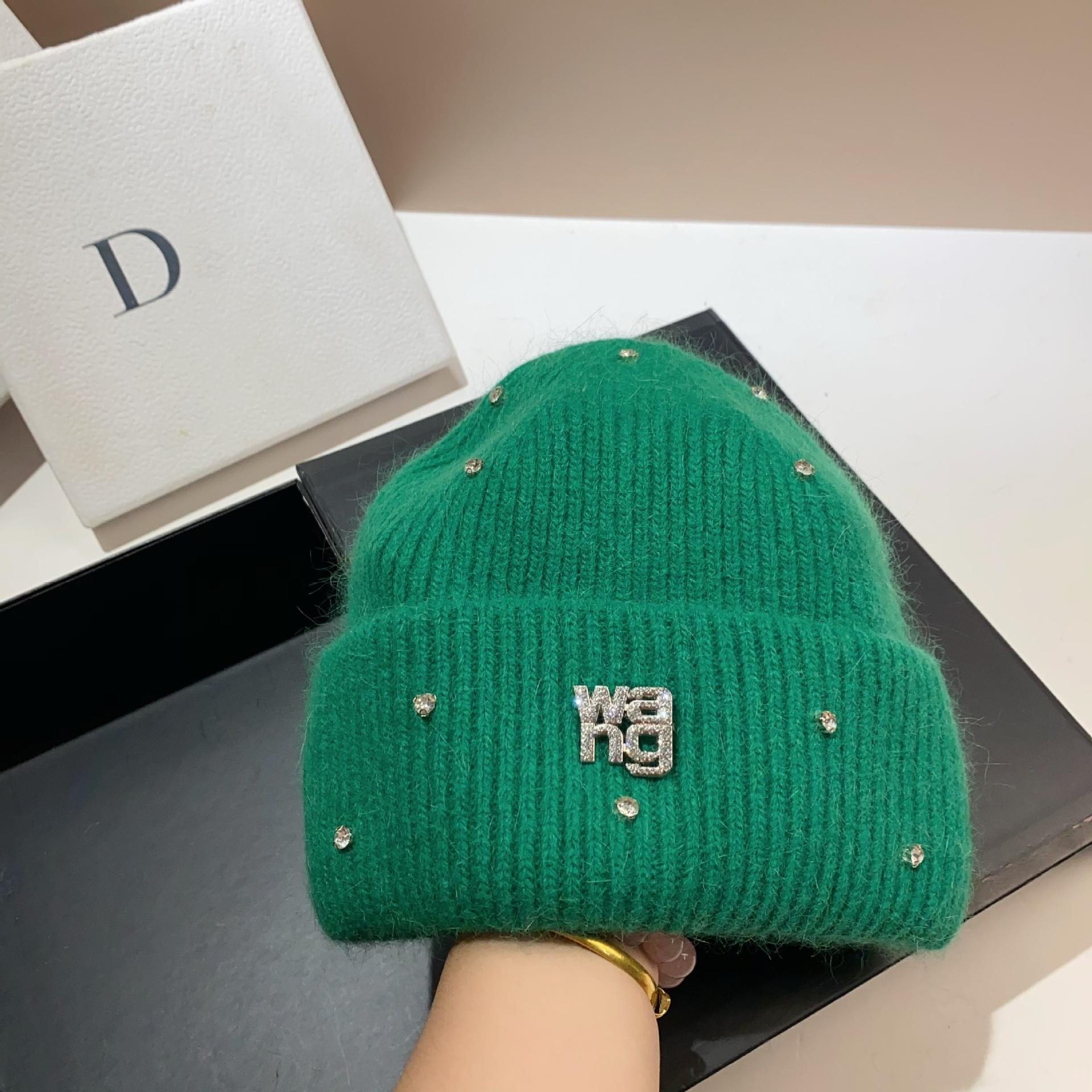 Wang King Gypsy Rhinestone Knitted Hat Winter Warm Rabbit Hair Ear Protector Sweet Wool Hat one size