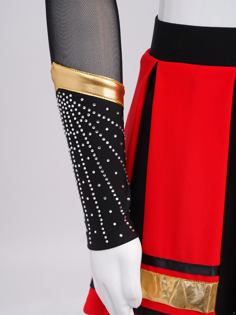Bambina Ragazza Costume da Cheerleader 2 Pezzi Costume da Esibizione Manica Lunga Patchwork in Rete Trasparente Strass Color Block Crop Top con Gonna Pieghettata