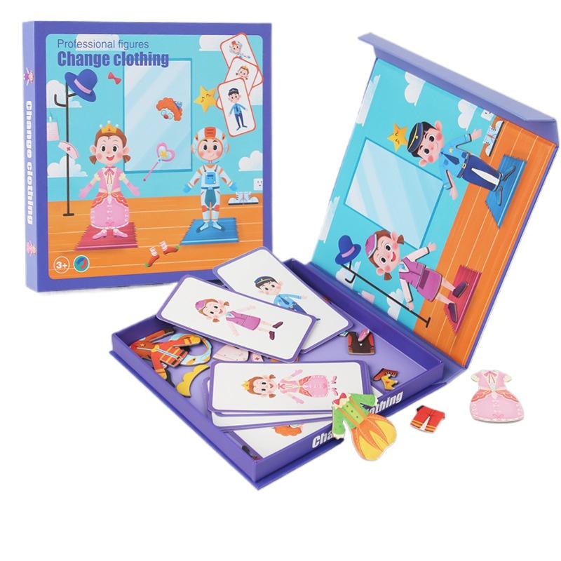 Wooden Jigsaw Magnetic Blocks Puzzle Book Board with Cards Face Change Clothing Change Marine Life Kids 3D Puzzle Toys Gifts