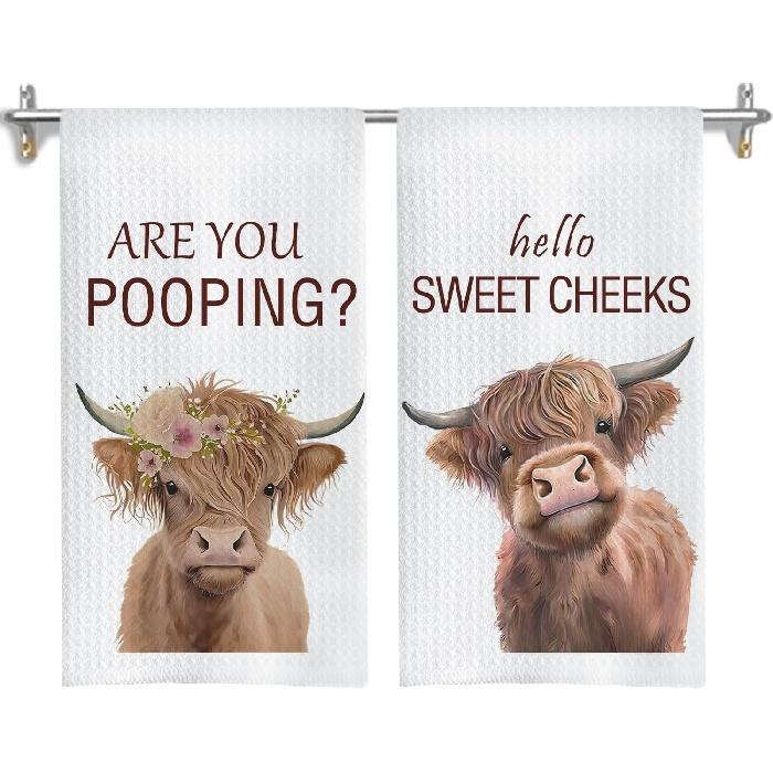 Floral Highland Cow Kitchen Towels, Cow Lovers Gifts for Women Dish Tea Towels for Kitchen Decor, Farmhouse Flower Highland Cattle Decorative Hand