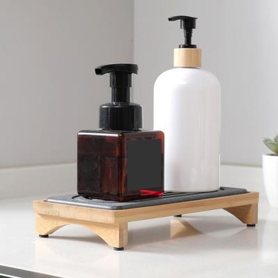 Diatomite Bamboo Sink Tray Fast Drying Stone Soap Dish for Bathroom Kitchen Countertop Water Absorbent Non-Slip Sponge Organizer