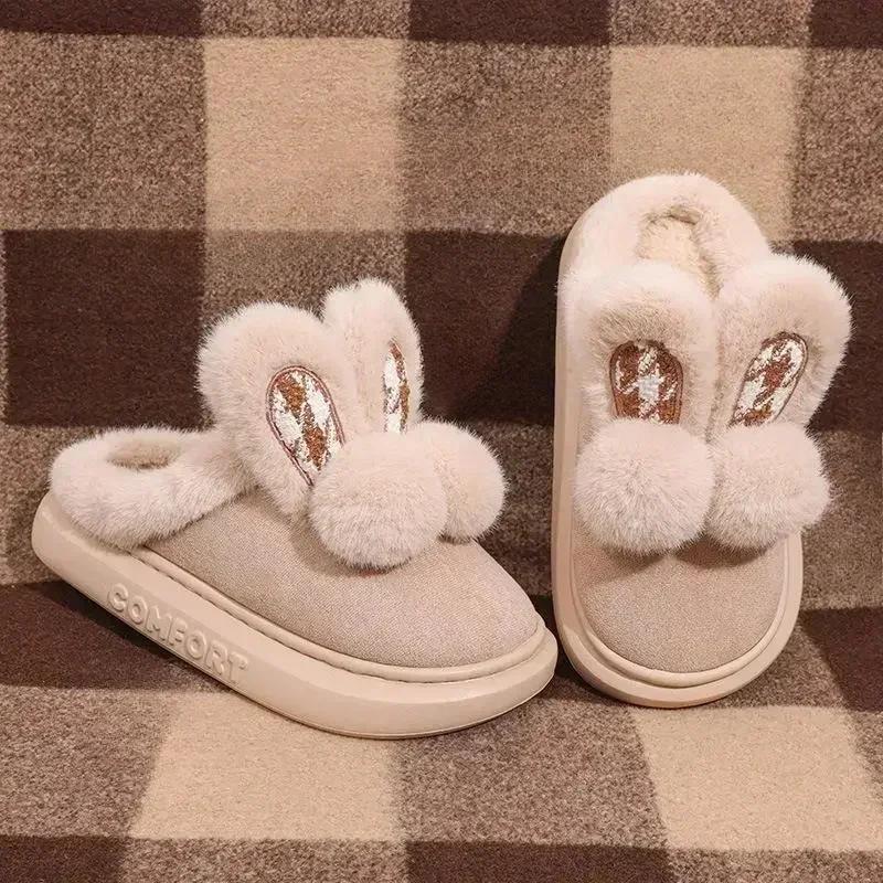 Fashion Winter Rabbit Ears Cute Cotton Slippers Warm Casual Indoor House Thick Bottom Non Slip Lightweight Cover Heel Fashion Home Shoes
