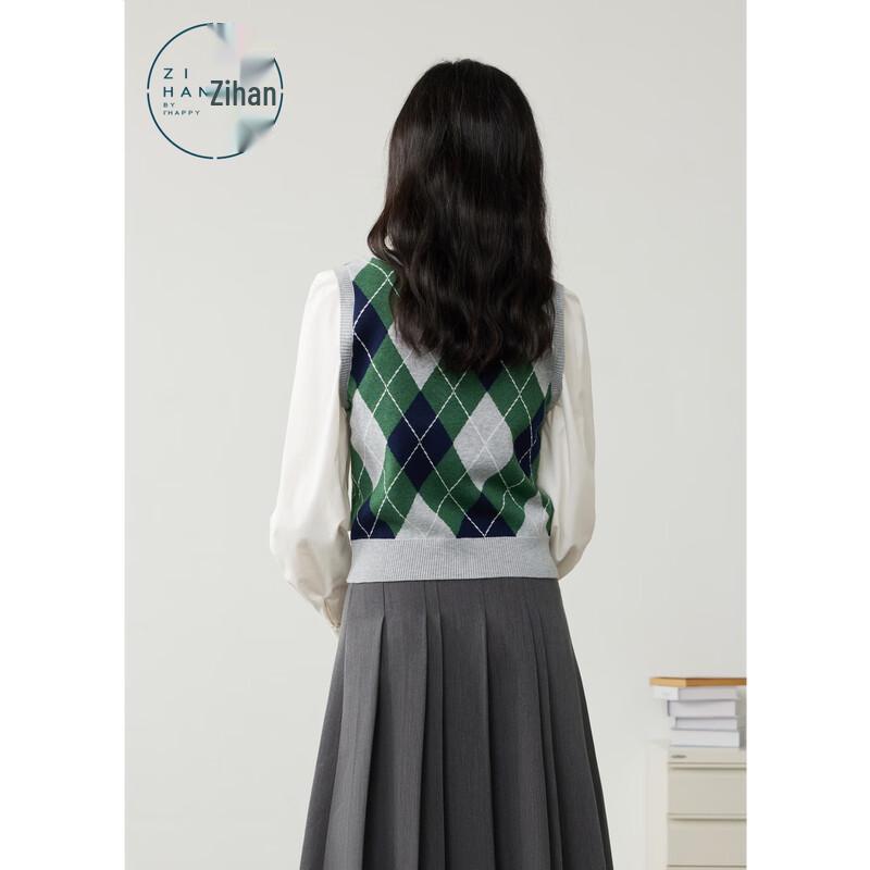 ZIHAN Women's Argyle Faux Shirt Collar Knit Sweater